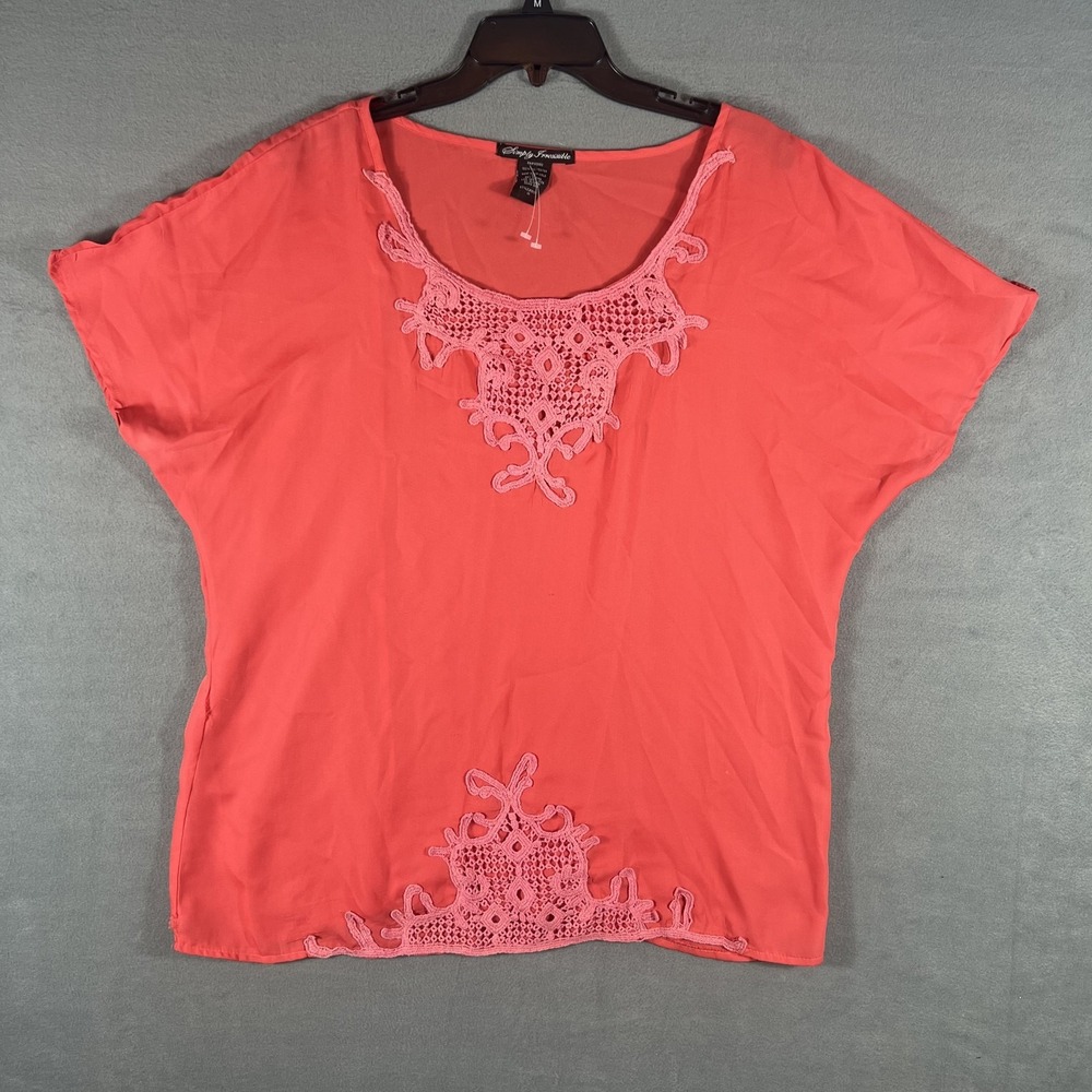 Simply Irresistible Women's 1X Plus Size Coral Pink Crochet Dolman Sleeve Blouse